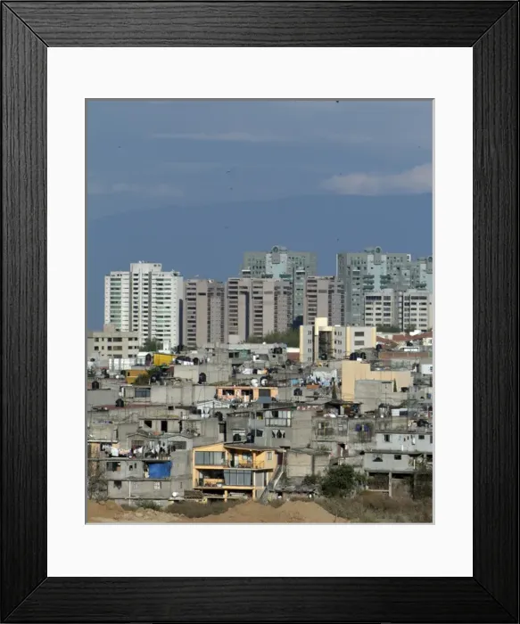 Framed Print : Mexico, Mexico City, Interlomas area towers over nearby shantytowns Framed Print : Mexico, Mexico City, Interlomas area towers over nearby shantytowns