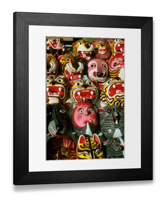 Framed Print : Mexico City. Brightly coloured souvenir masks at the street market near Templo Mayor, Zocalo