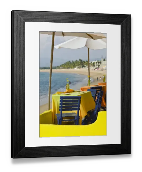 Framed Print : Mexico, Jalisco, Barra de Navidad. Cafe Tables on Town Beach