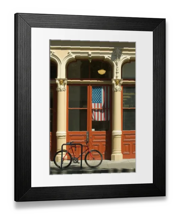 Framed Print : USA, Oregon, Portland, Bicycle parked at entrance to the Blagen building in Old Town Framed Print : USA, Oregon, Portland, Bicycle parked at entrance to the Blagen building in Old Town