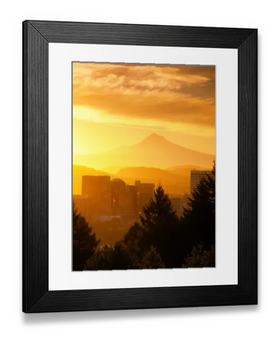 Framed Print : USA, Oregon, Portland, Sunrise on Mt Hood and downtown