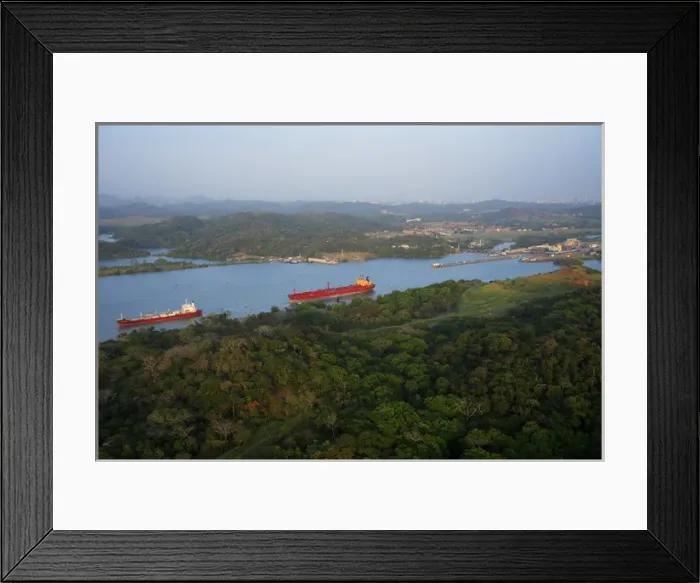 Framed Print : aerial image of ship in the Panama Canal, close to the Miraflores and Pedro Miguel