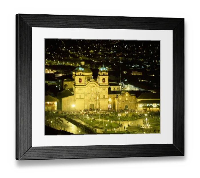 Framed Print : South America, Peru, Cusco. Nighttime aerial view of the main square featuring