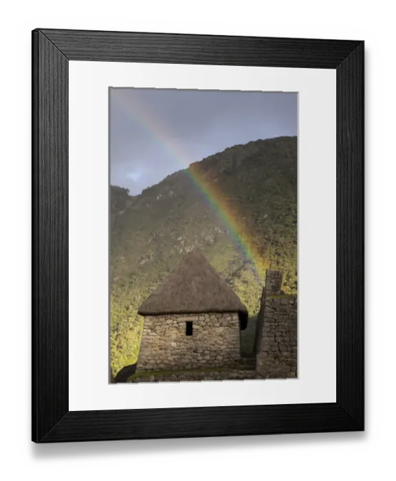 Framed Print : South America, Peru, Machu Picchu. Rainbow over a thatched stone hut at sunset Framed Print : South America, Peru, Machu Picchu. Rainbow over a thatched stone hut at sunset