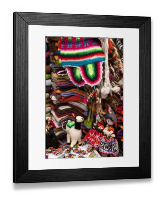 Framed Print : South America, Peru, Aguas Calientes. Traditional, colorful Peruvian hats and souvenirs for sale Framed Print : South America, Peru, Aguas Calientes. Traditional, colorful Peruvian hats and souvenirs for sale