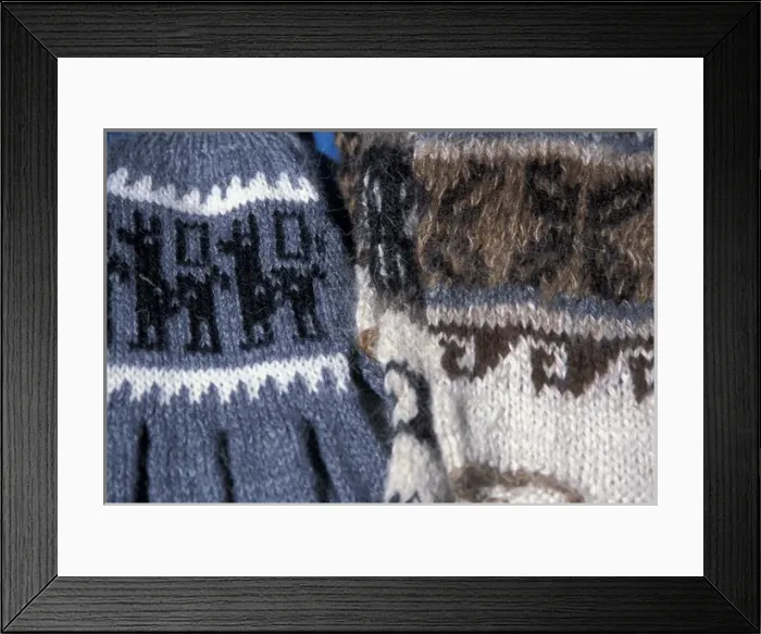 Framed Print : South America, Peru, famous Pisac market, Peruvian crafts, hand knit gloves with llamas