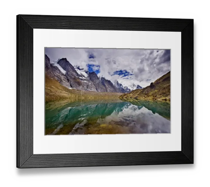 Framed Print : Siula Lake, Jirishanca, Jirishanca Chico, and Yerupaja, Cordillera Huayhuish, Andes Mountains