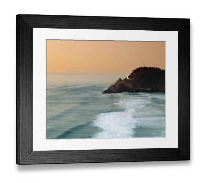 Framed Print : USA, Oregon, Heceta Head. A mellow sunset turns the sky golden pink at Heceta Head