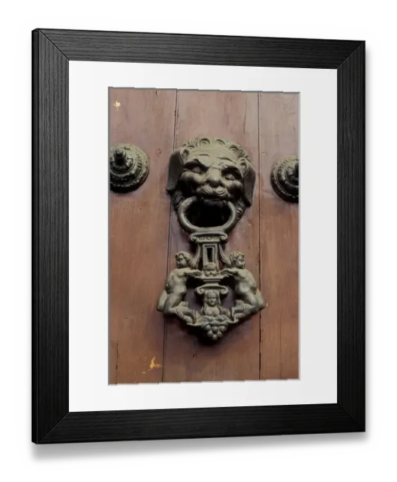 Framed Print : Peru, Lima. Bronze ornaments on the wood doors of Cathedral. Plaza de Armas