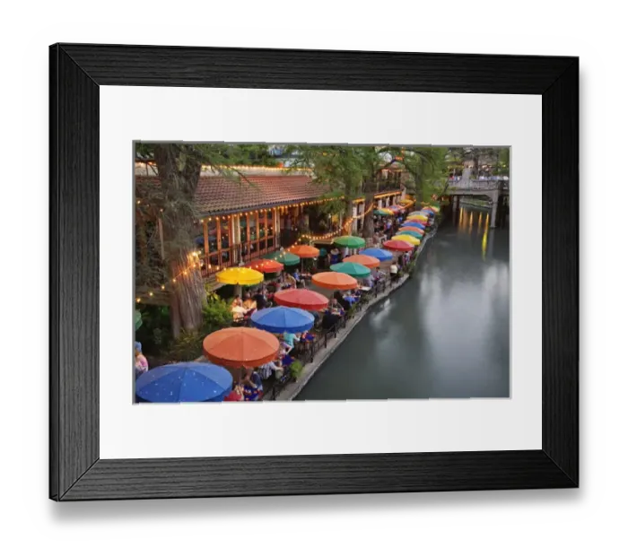 Framed Print : 08. Outdoor cafe along River Walk and boat in motion passing under bridge