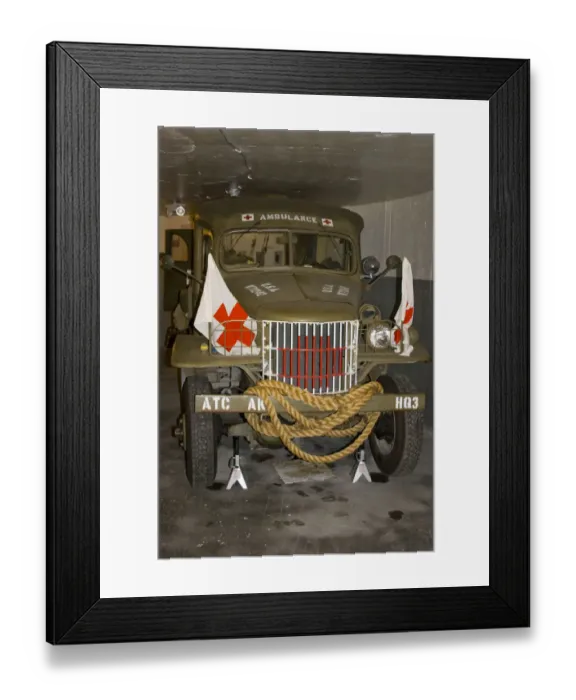 Framed Print : USA, Alaska, Kodiak, WWII Ambulance at Fort Abercrombie, Dodge Half-Ton 4x4 Built in 1941