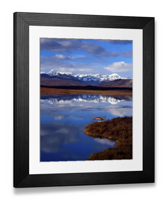 Framed Print : Float plane on lake, Alaska Mountain Range in the distance. Denali Highway, Alaska