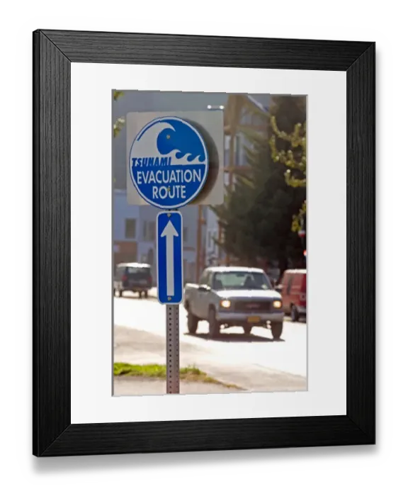 Framed Print : Signs are posted along the streets of Seward Alaska to warn people of possibility of tsunami Framed Print : Signs are posted along the streets of Seward Alaska to warn people of possibility of tsunami