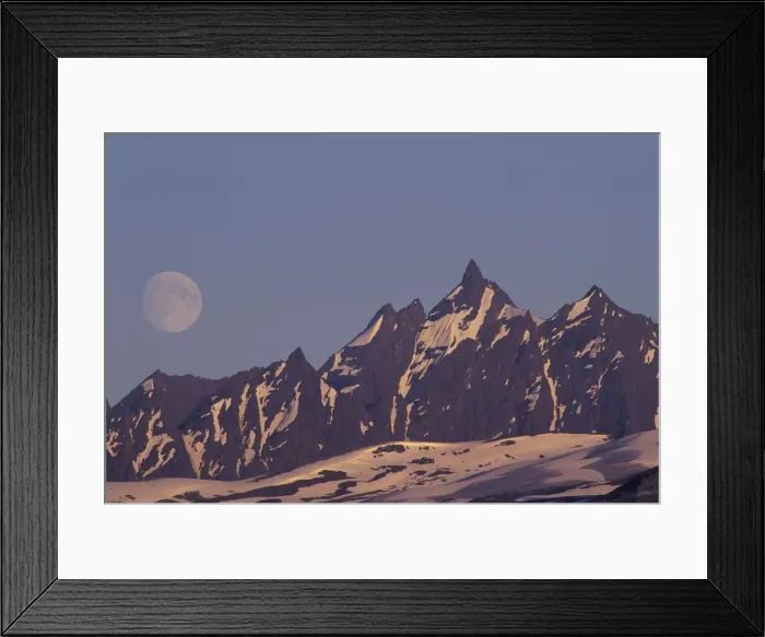 Framed Print : USA, Alaska, Valdez Moon rises above rugged Chugach Range mountains near Valdez