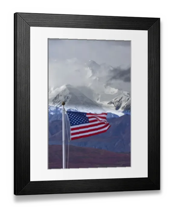 Framed Print : North America, USA, Alaska, Denali National Park, American Flag and Mt. McKinely Framed Print : North America, USA, Alaska, Denali National Park, American Flag and Mt. McKinely