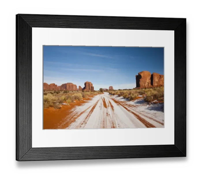 Framed Print : USA, Arizona, Monument Valley Navajo Tribal Park. Park road with snow