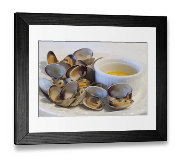 Framed Print : USA, Washington, Puget Sound. Steamed Manila clams and butter sauce. Credit as: Don Framed Print : USA, Washington, Puget Sound. Steamed Manila clams and butter sauce. Credit as: Don