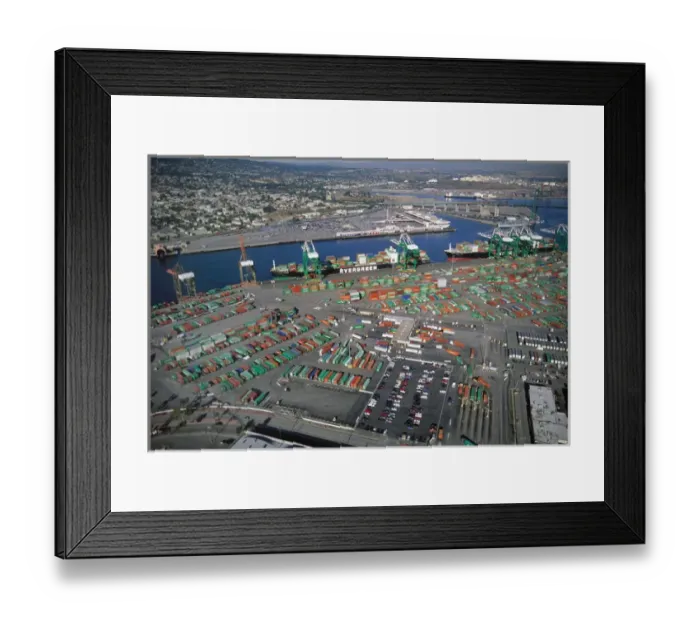 Framed Print : Aerial view of container yard with ships at Port of Long Beach, California Framed Print : Aerial view of container yard with ships at Port of Long Beach, California
