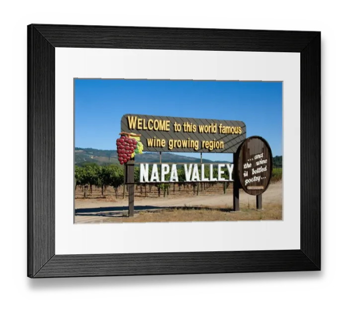 Framed Print : A sign welcoming you to Napa Valley famous for its wine growing region, California