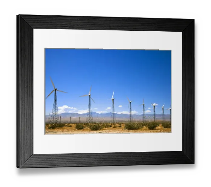 Framed Print : Palm Springs, CA, USA - Wind turbines in a desert landscape with rocky hills in the background