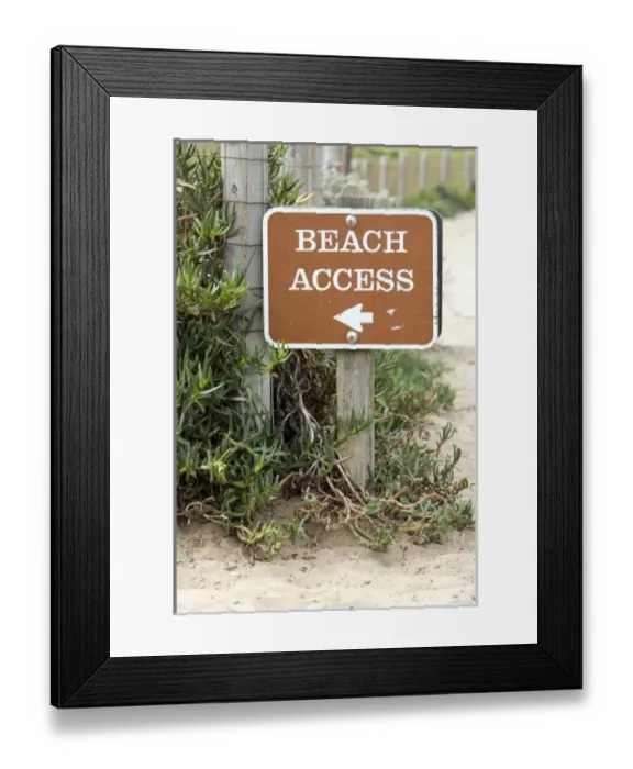 Framed Print : Beach Access sign points to public access to the beach