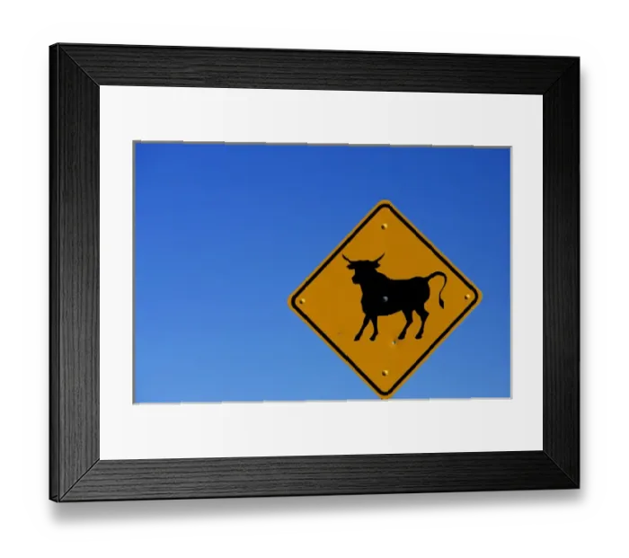 Framed Print : A bull sign on the California Nevada border with a a clear blue sky background
