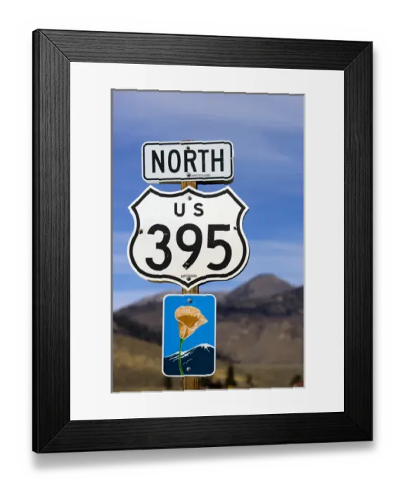 Framed Print : An upward view of a Highway 395 North sign post including a California Scenic Highway Framed Print : An upward view of a Highway 395 North sign post including a California Scenic Highway