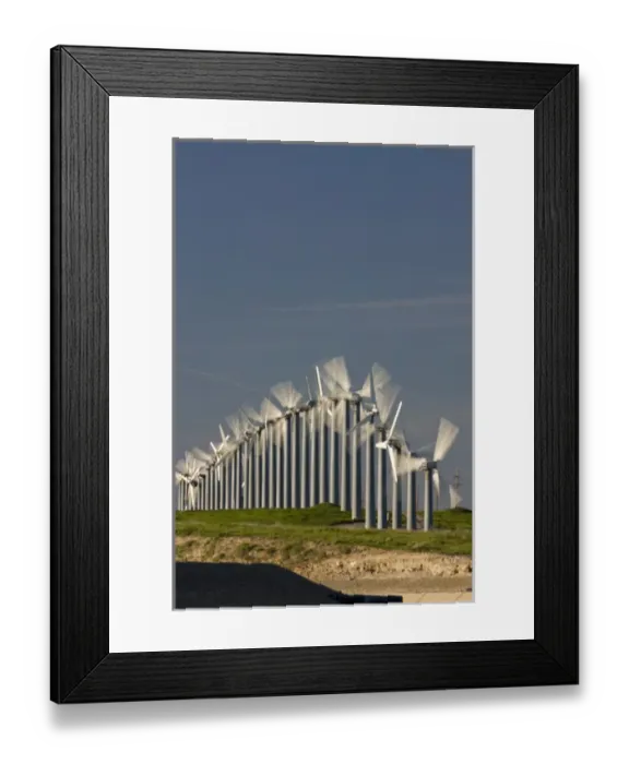 Framed Print : Renewable energy through wind power is collected via wind turbines in northern California s