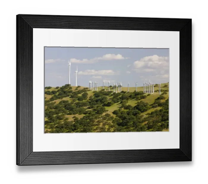 Framed Print : Wind turbines above a California Oak forest in the hills of California
