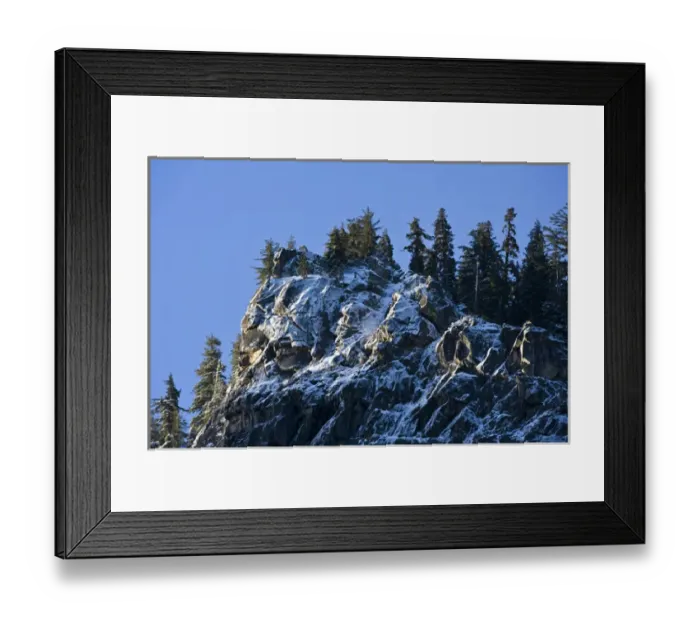 Framed Print : Ice and snow covered granite & pine trees at the top edge of Yosemite valley - Yosemite