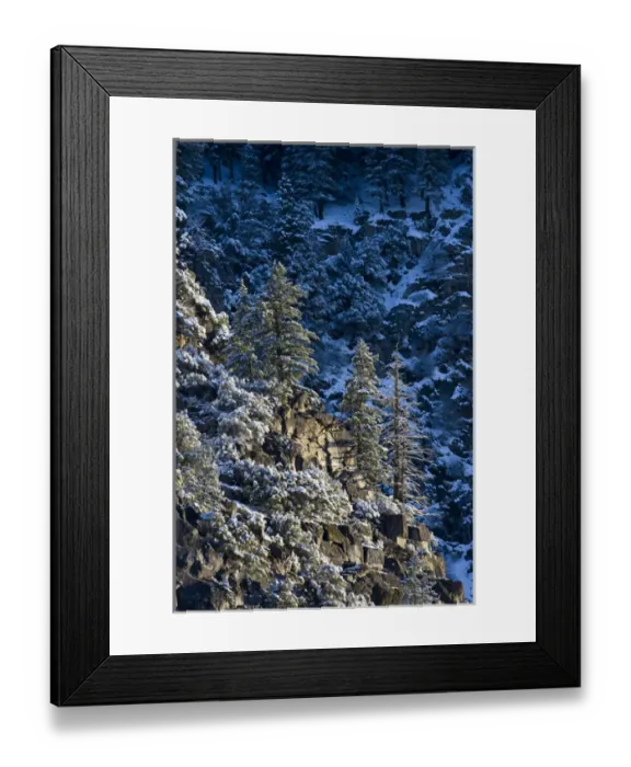 Framed Print : Early morning sun shines on ice and snow covered granite & pine trees at the top Framed Print : Early morning sun shines on ice and snow covered granite & pine trees at the top
