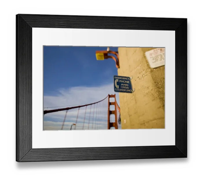 Framed Print : Emergency Phone and Crisis Counseling sign on the Golden Gate Bridge - San Francisco Framed Print : Emergency Phone and Crisis Counseling sign on the Golden Gate Bridge - San Francisco