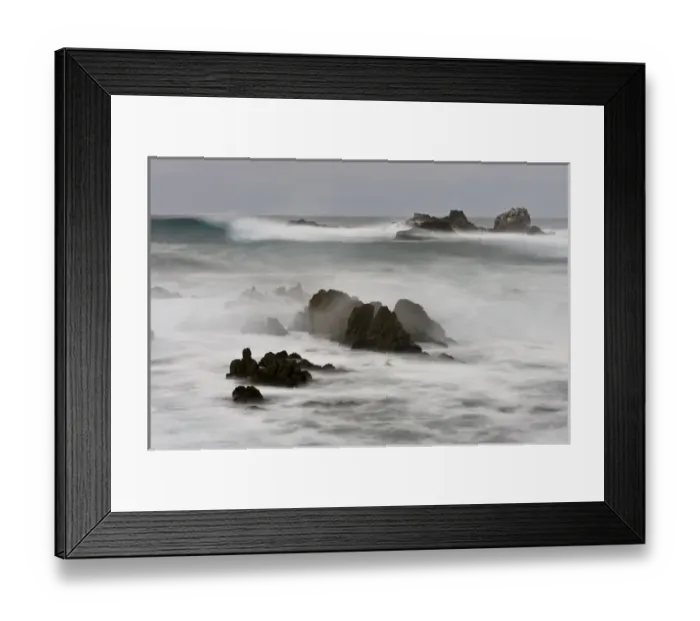 Framed Print : Surf crashing on the California coastline between large rocks Framed Print : Surf crashing on the California coastline between large rocks