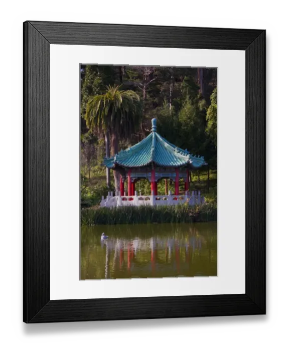 Framed Print : In San Francisco at Stow Lake, rich greenery surrounds the Golden Gate Pavillion Framed Print : In San Francisco at Stow Lake, rich greenery surrounds the Golden Gate Pavillion