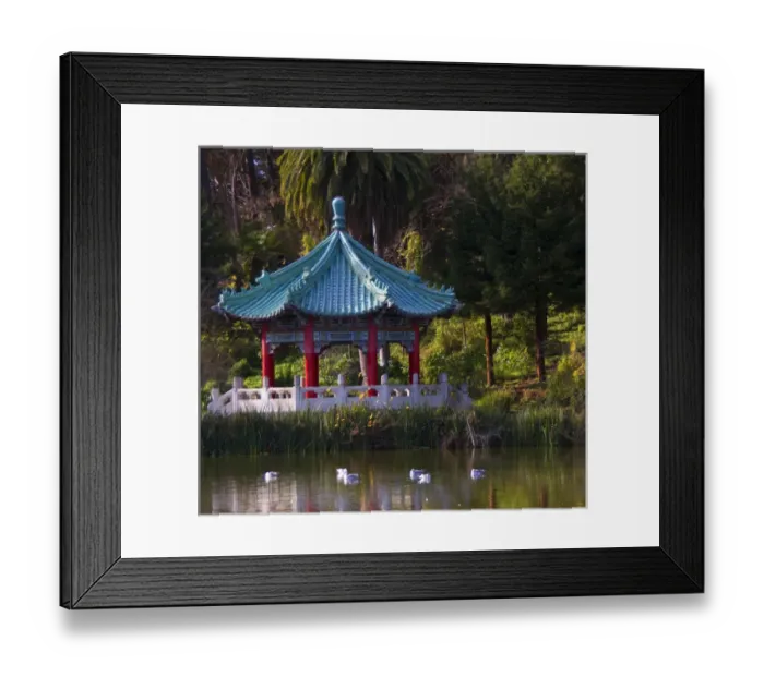Framed Print : In San Francisco, Stow Lake with seagulls and rich greenery surround the Golden Gate