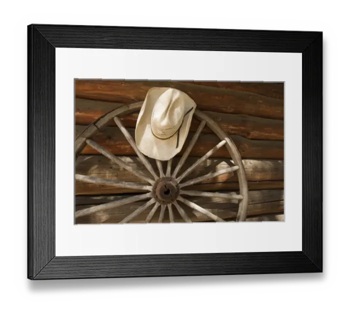 Framed Print : North America, USA, California, Yosemite National Park. Straw hat and a wagon wheel Framed Print : North America, USA, California, Yosemite National Park. Straw hat and a wagon wheel