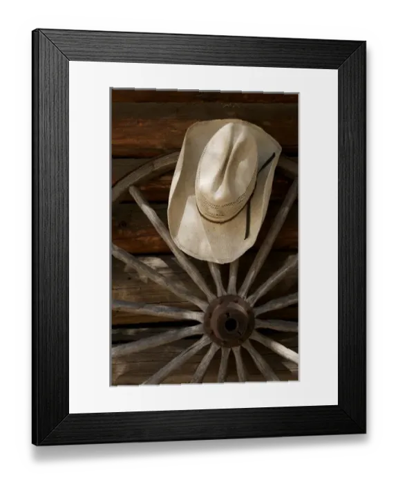 Framed Print : North America, USA, California, Yosemite National Park. Straw hat and a wagon wheel Framed Print : North America, USA, California, Yosemite National Park. Straw hat and a wagon wheel