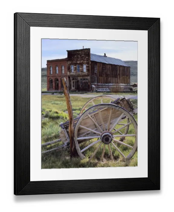 Framed Print : Bodie State Park, California. USA. Wagon & buildings in ghost town of Bodie. Dechambeau