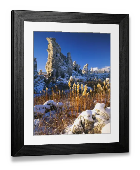 Framed Print : MONO BASIN NATIONAL FOREST RESERVE, CALIFORNIA. USA. Fresh snow on tufa formations Framed Print : MONO BASIN NATIONAL FOREST RESERVE, CALIFORNIA. USA. Fresh snow on tufa formations