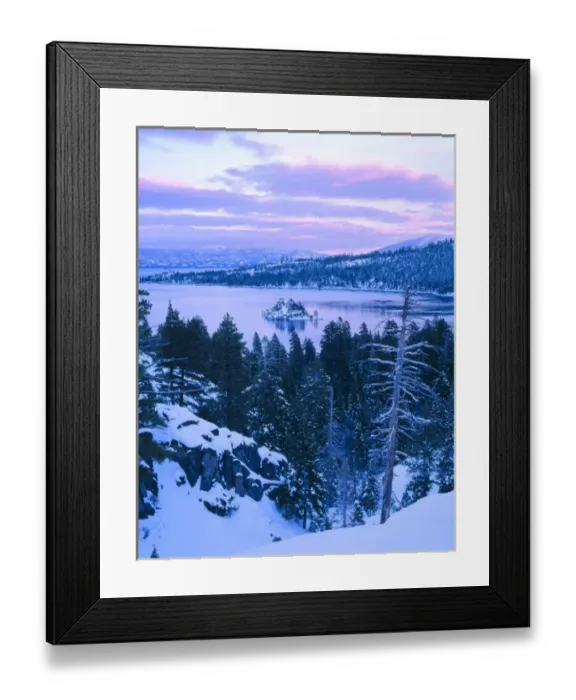 Framed Print : EMERALD BAY STATE PARK, CALIFORNIA. USA. Emerald Bay in winter at dusk. Lake Tahoe