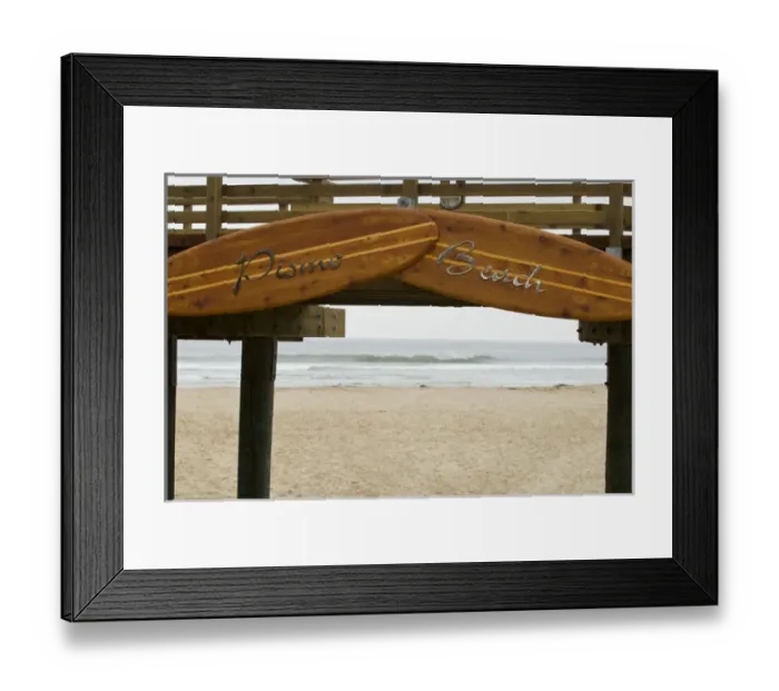 Framed Print : USA, CA, Pismo Beach. Vintage wooden surfboards frame entrance to inviting beach Framed Print : USA, CA, Pismo Beach. Vintage wooden surfboards frame entrance to inviting beach