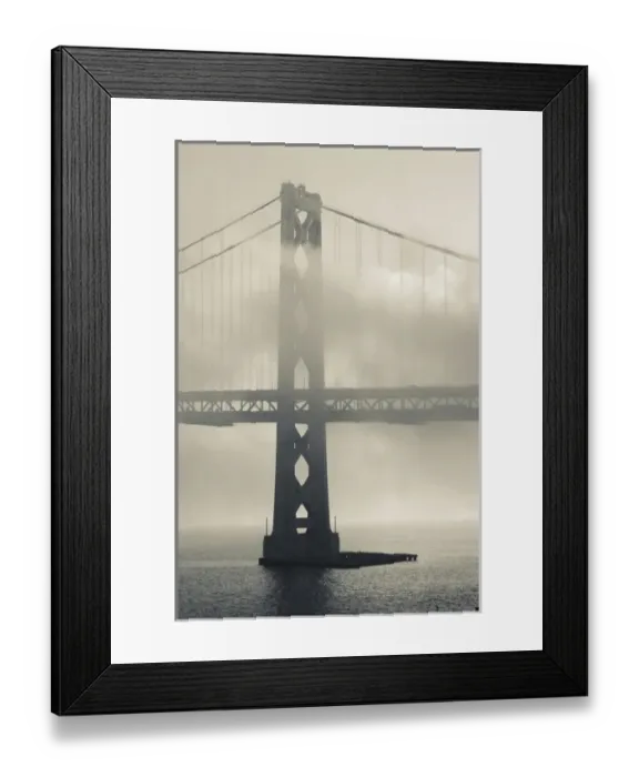 Framed Print : USA, California, San Francisco, Embarcadero, Bay Bridge in fog
