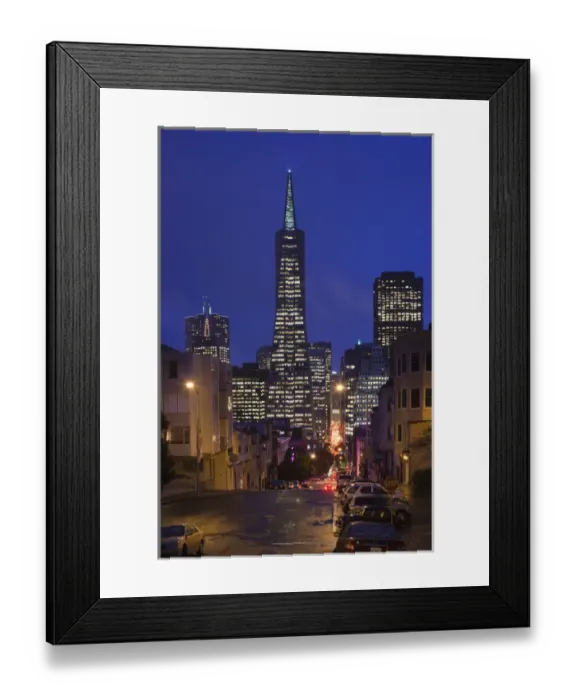 Framed Print : USA, California, San Francisco, North Beach, evening view of downtown and Transamerica
