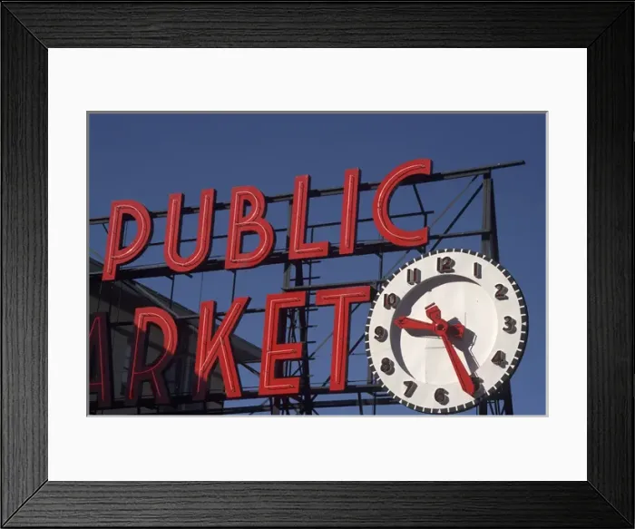 Framed Print : U. S. A. Washington, Seattle Sign and clock at Pike Place Market in downtown Seattle Framed Print : U. S. A. Washington, Seattle Sign and clock at Pike Place Market in downtown Seattle