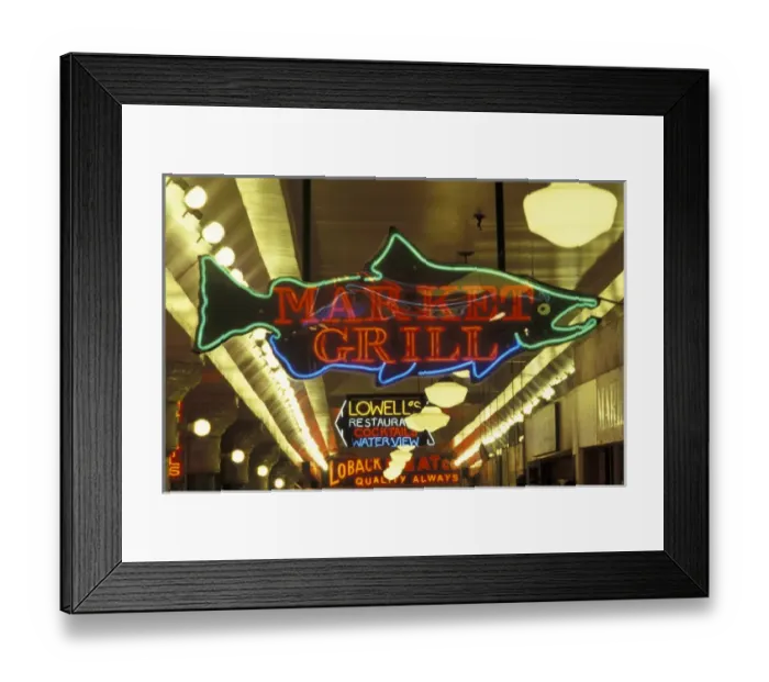 Framed Print : N. A. USA, Washington, Seattle, Downtown. Pike Place Market. Neon signs at market Framed Print : N. A. USA, Washington, Seattle, Downtown. Pike Place Market. Neon signs at market