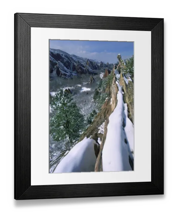 Framed Print : USA, Colorado, Roxborough State Park. Snow-covered redish rock formations jut against Framed Print : USA, Colorado, Roxborough State Park. Snow-covered redish rock formations jut against