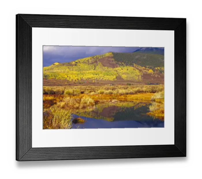Framed Print : Small beaver pond with hillside of autumn colors near Crested Butte Framed Print : Small beaver pond with hillside of autumn colors near Crested Butte