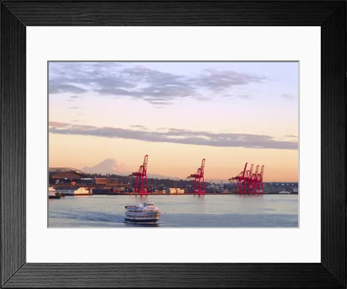 Framed Print : Bainbridge Ferry with Shipping Cranes and Mt. Rainier at Dusk, Seattle, Washington