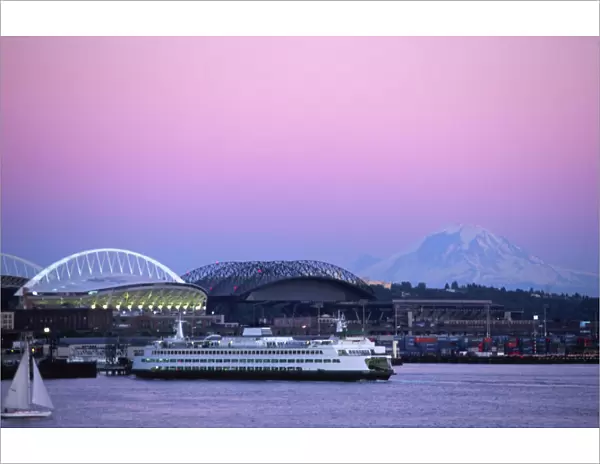 Baibridge Ferry with Qwest and Safeco Fields and Mt. Rainier at Dusk