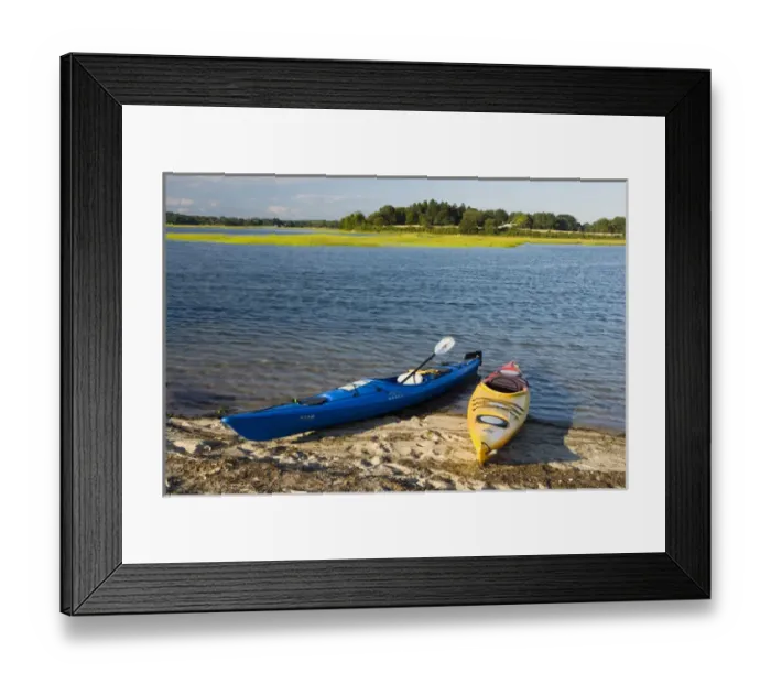 Framed Print : Kayaks on the beach at Griswold Point in Old Lyme, Connecticut. Mouth of the Connecticut River